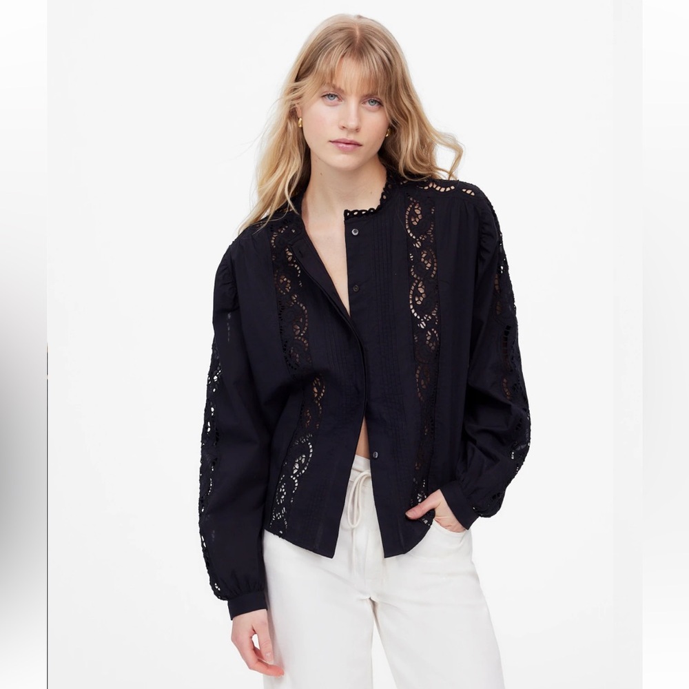 MADEWELL Black Lace-Inset Pintucked Button-Up Top M NWT